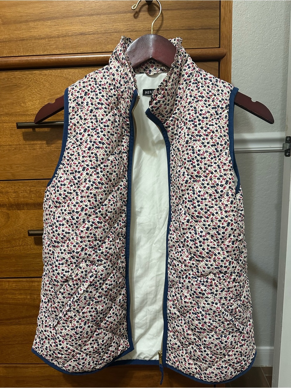 J. Crew Pink Floral Quilted Vest with Navy Trim